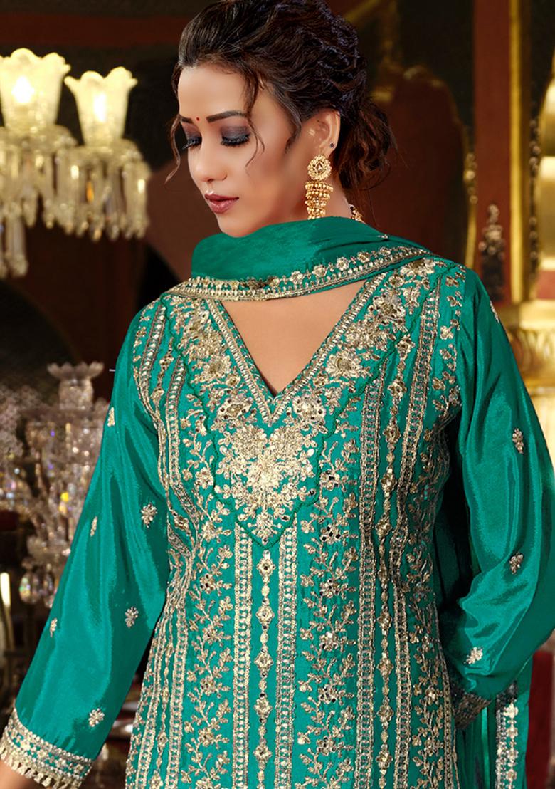 Turquoise Embroidered Silk Salwar Suit - Indya