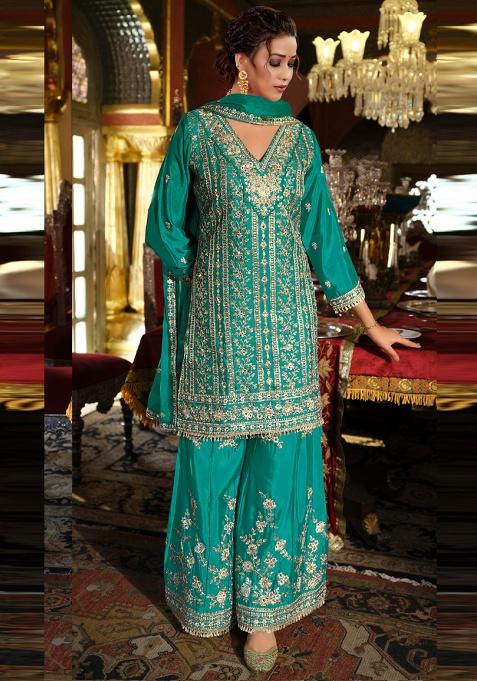 Turquoise Embroidered Silk Salwar Suit