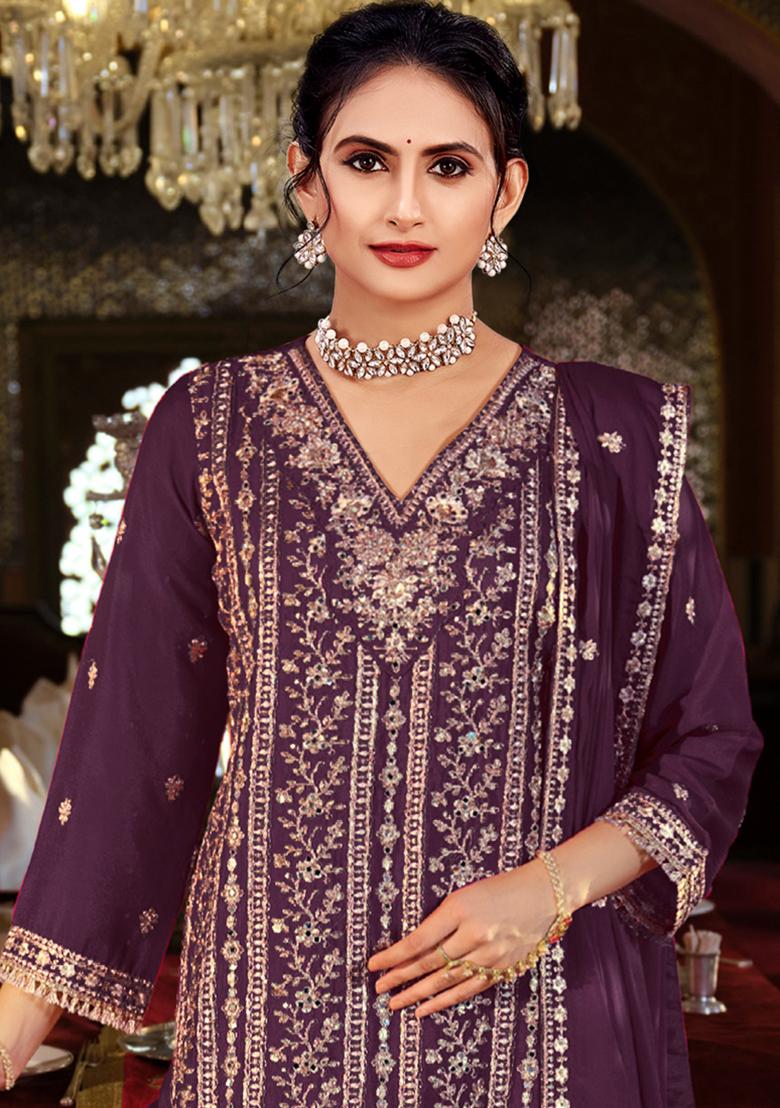 Purple Embroidered Silk Salwar Suit - Indya