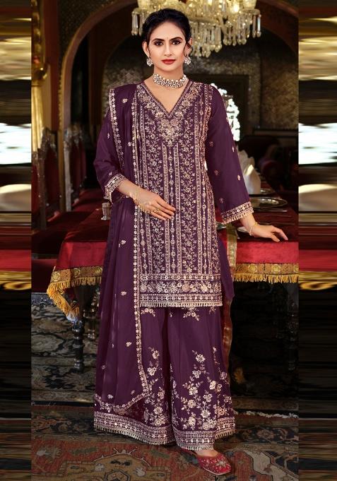 Purple Embroidered Silk Salwar Suit