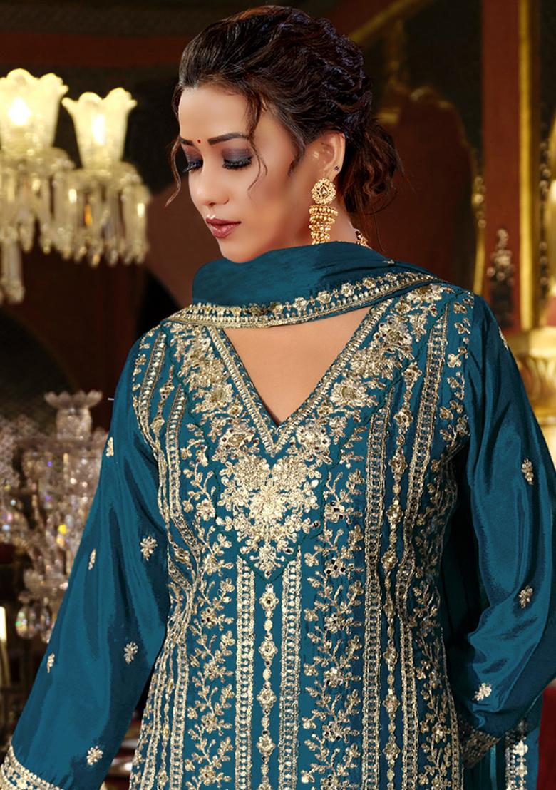 Blue Embroidered Silk Salwar Suit - Indya
