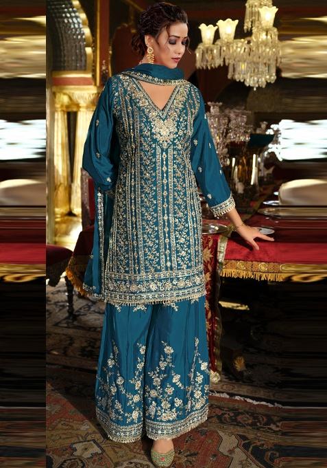 Blue Embroidered Silk Salwar Suit