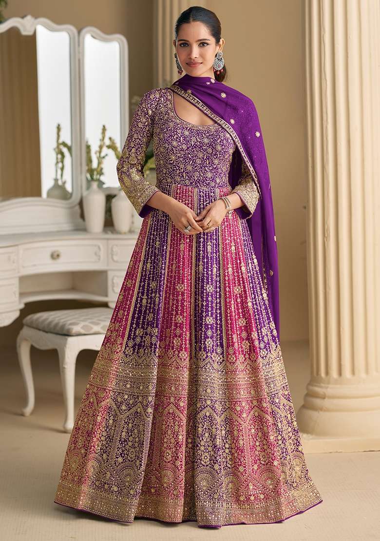 Purple Embroidery Georgette Anarkali Set - Indya