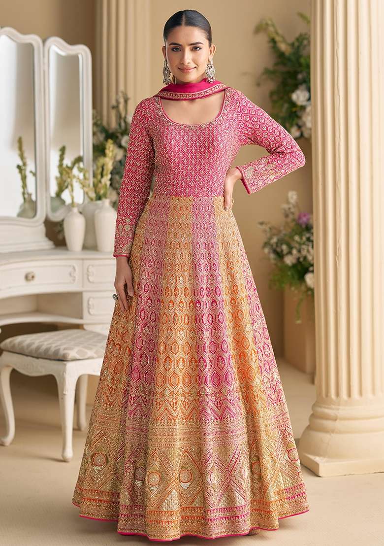 Peach Embroidery Georgette Anarkali Set - Indya