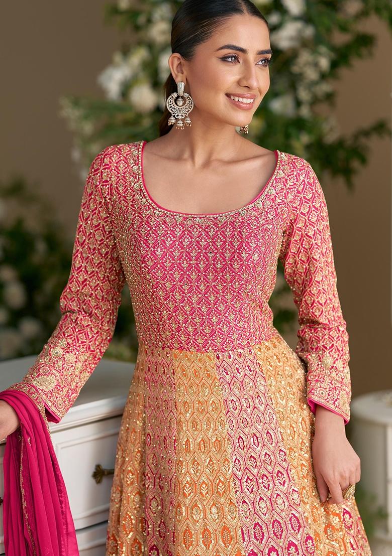 Peach Embroidery Georgette Anarkali Set - Indya