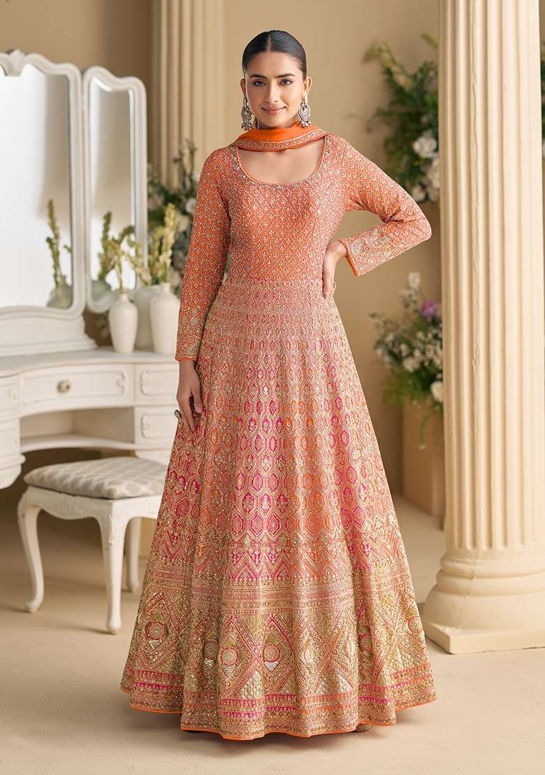 Orange Embroidery Georgette Anarkali Set - Indya