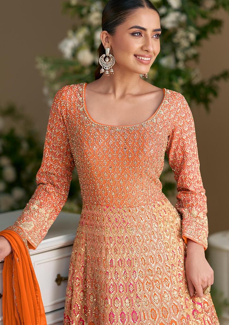 Orange Embroidery Georgette Anarkali Set - Indya