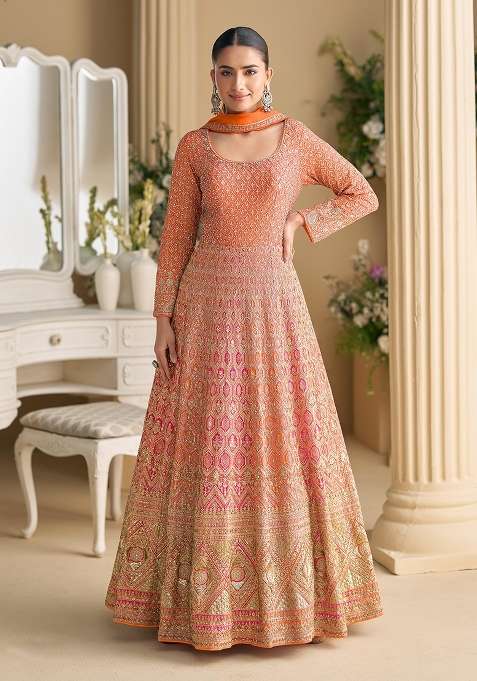 Orange Embroidery Georgette Anarkali Set