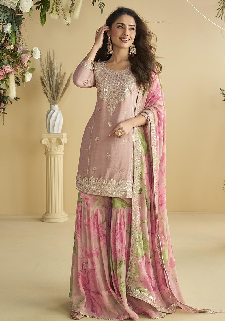 Pink Embroidery Silk Sharara Suit - Indya