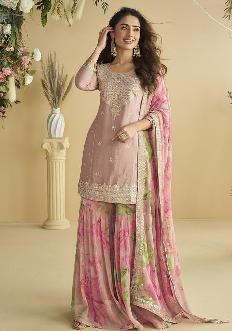 Pink Embroidery Silk Sharara Suit