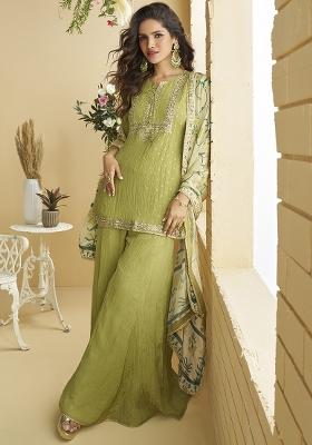 Green Embroidery Silk Plazzo Suit