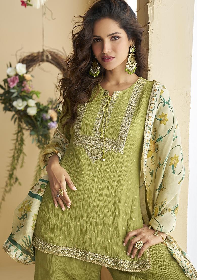 Green Embroidery Silk Plazzo Suit - Indya