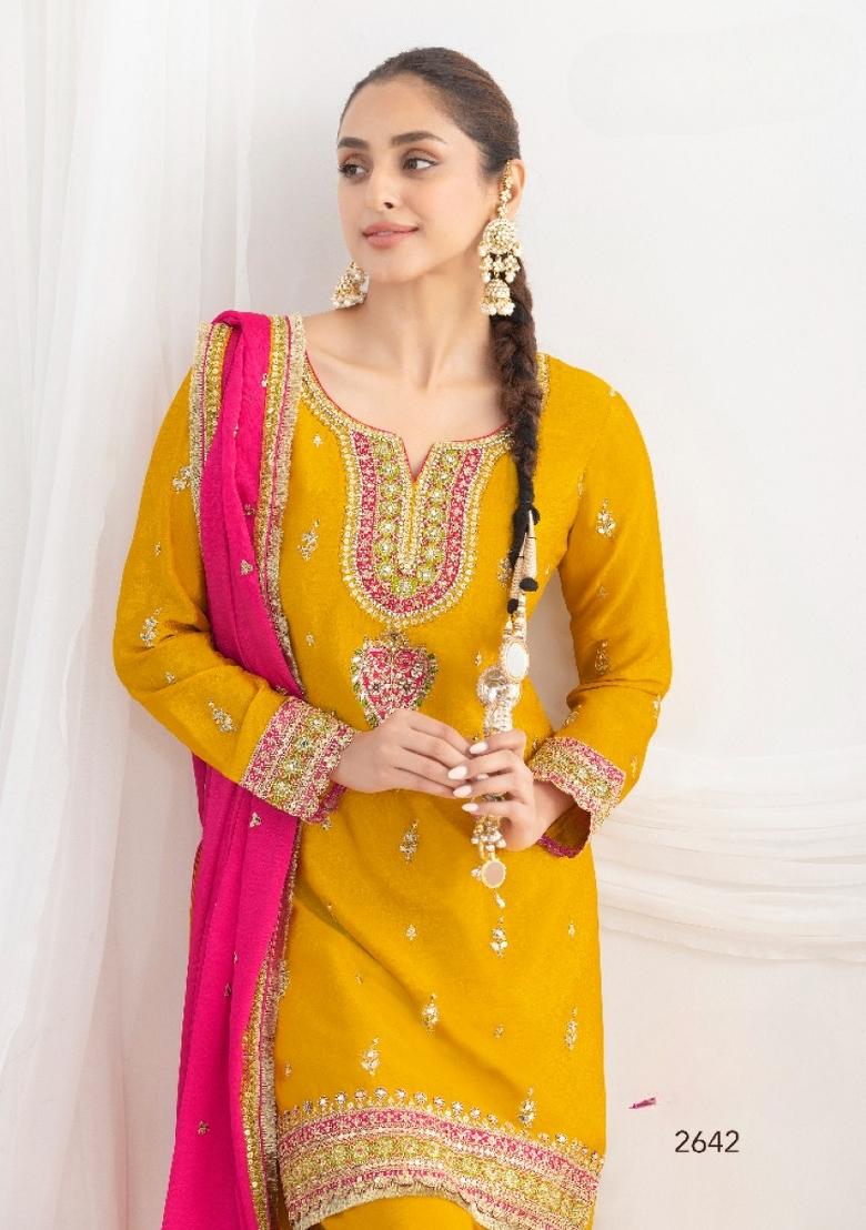 Mustard Embroidery Silk Kurta Set - Indya