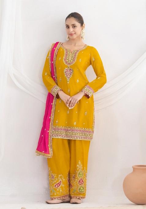 Mustard Embroidery Silk Kurta Set