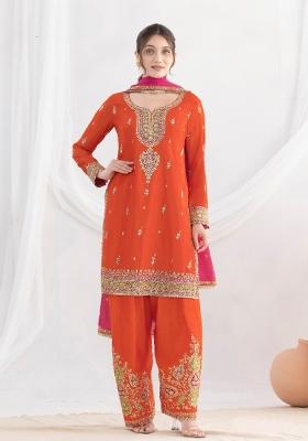 Orange Embroidery Silk Kurta Set