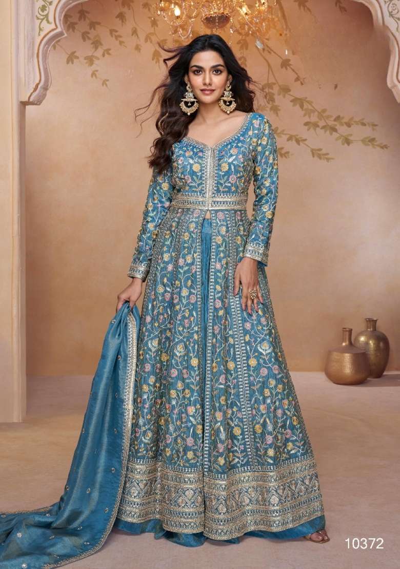 Blue Embroidery Shimmer Anarkali Set - Indya