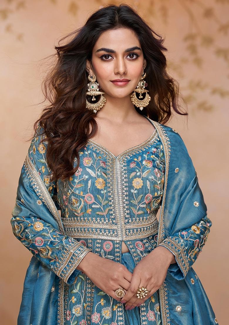Blue Embroidery Shimmer Anarkali Set - Indya