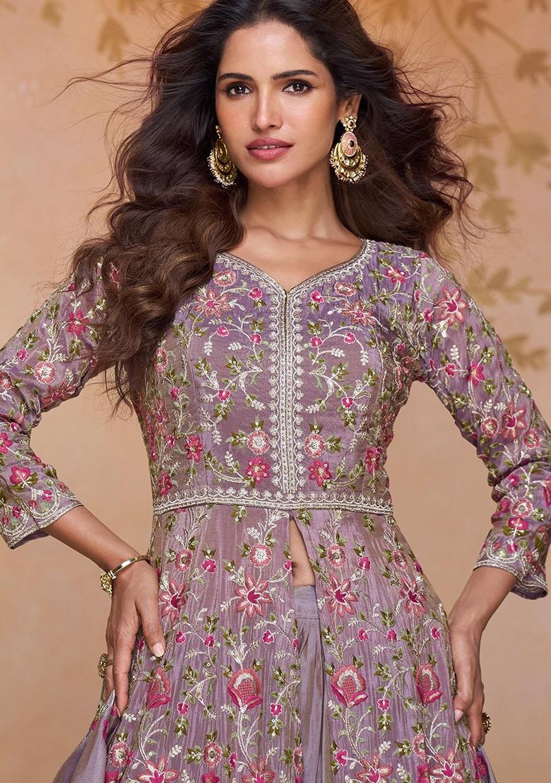 Purple Embroidery Shimmer Anarkali Set - Indya