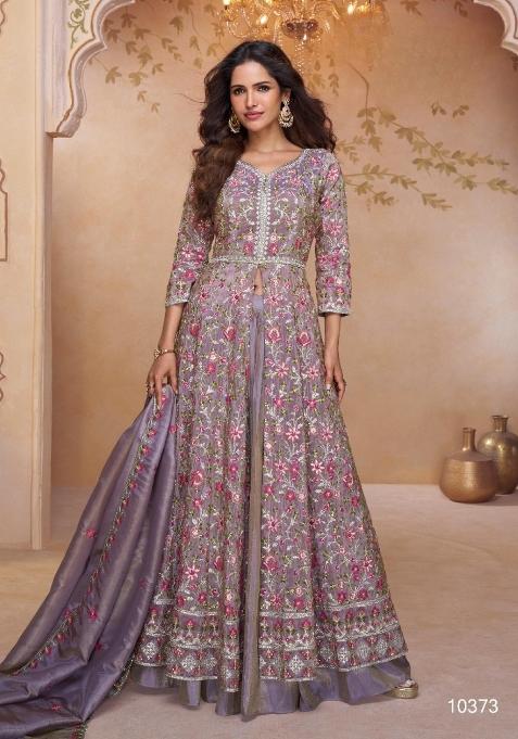 Purple Embroidery Shimmer Anarkali Set
