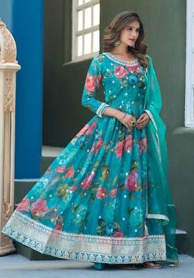 Blue Embroidery Silk Anarkali Set