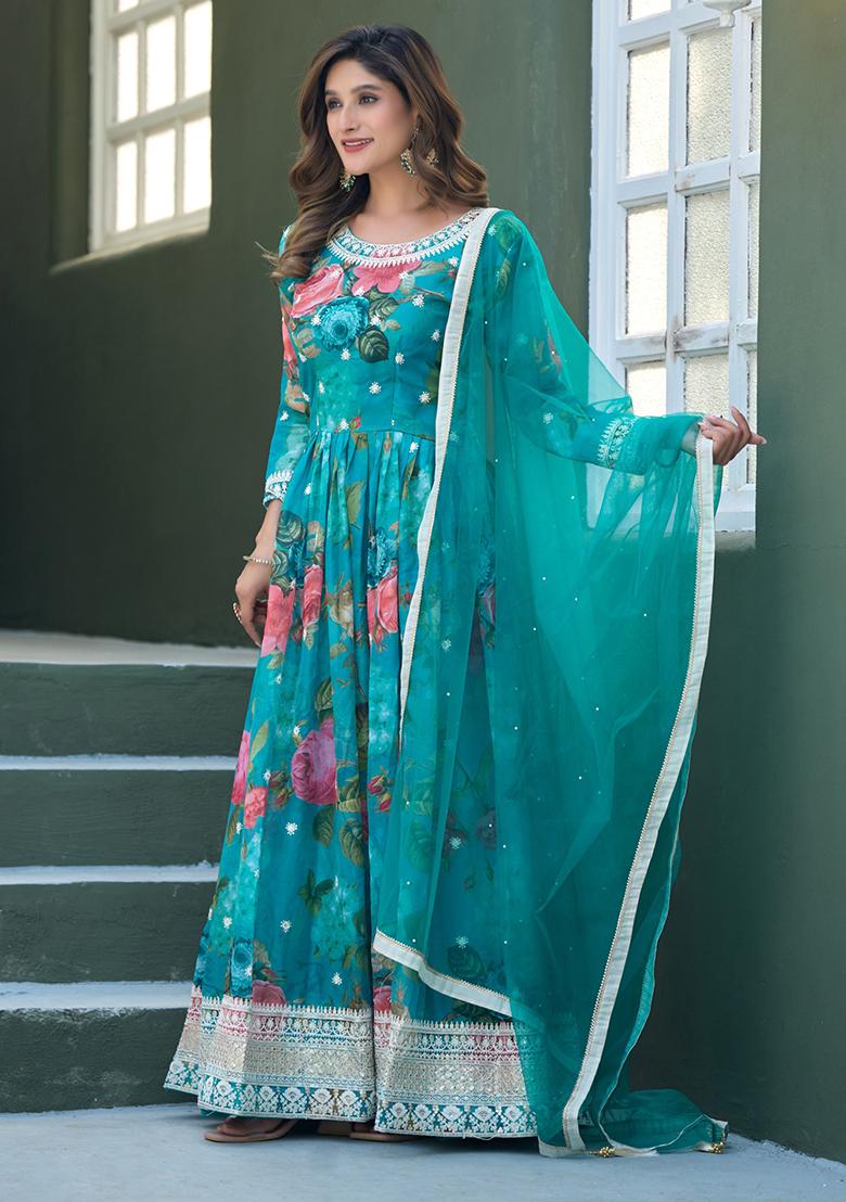 Blue Embroidery Silk Anarkali Set - Indya