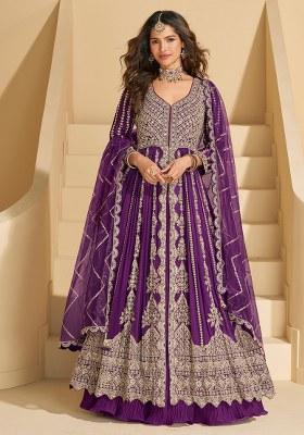 Purple Embroidery Silk Anarkali Set