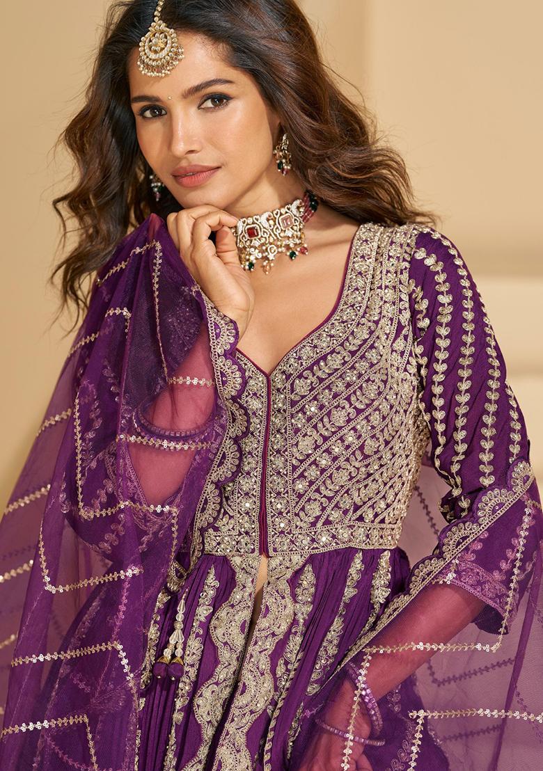 Purple Embroidery Silk Anarkali Set - Indya