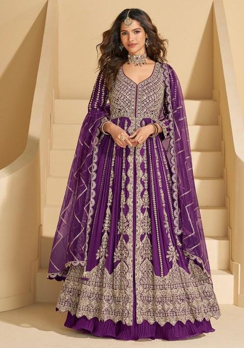 Purple Embroidery Silk Anarkali Set