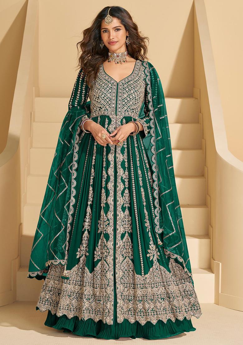 Dark Green Embroidery Silk Anarkali Set - Indya