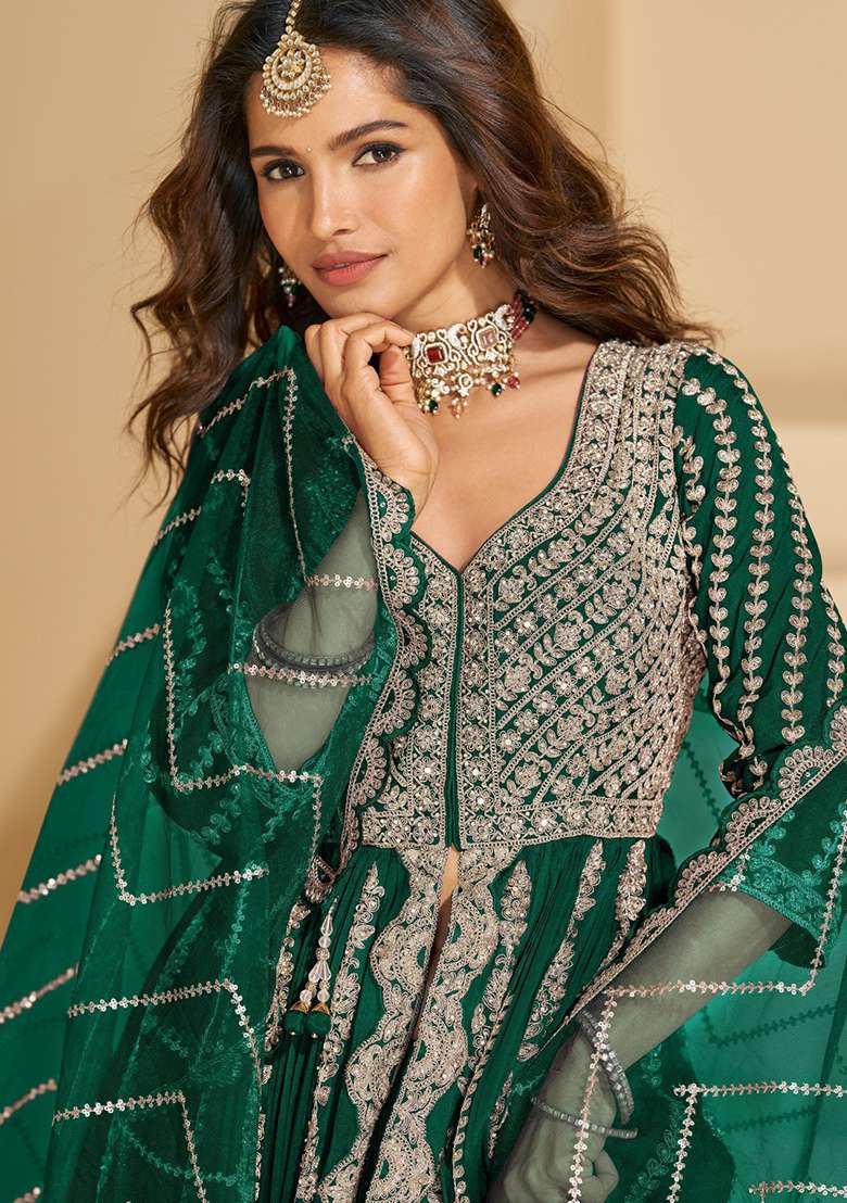 Dark Green Embroidery Silk Anarkali Set - Indya
