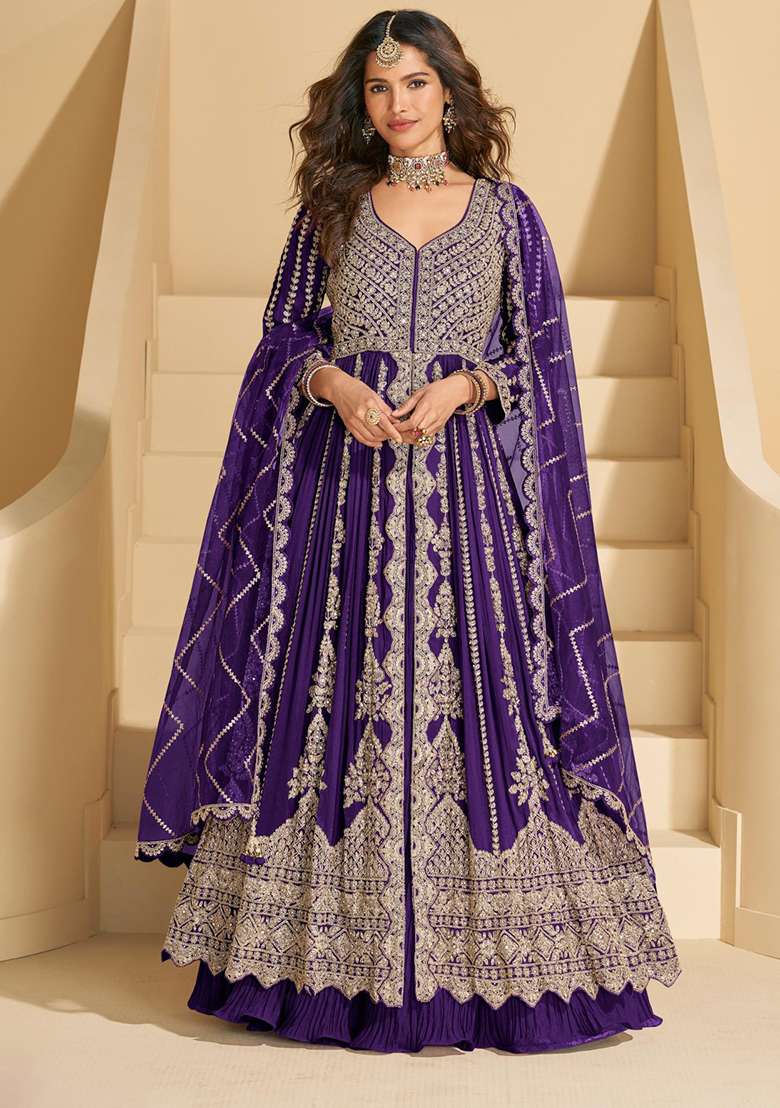 Violet Embroidery Silk Anarkali Set - Indya