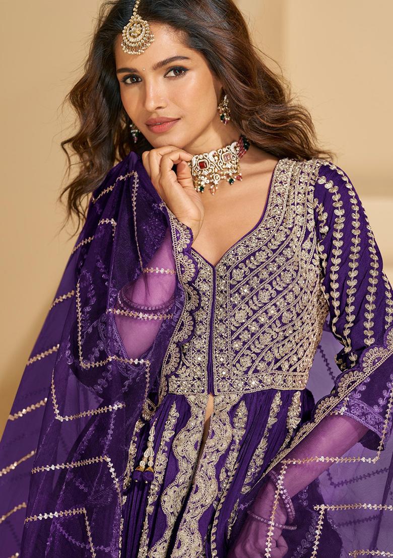 Violet Embroidery Silk Anarkali Set - Indya
