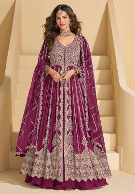 Maroon Embroidery Silk Anarkali Set