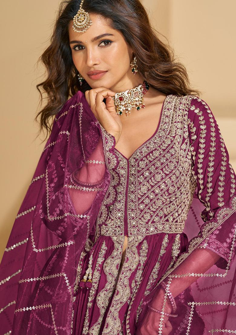 Maroon Embroidery Silk Anarkali Set - Indya