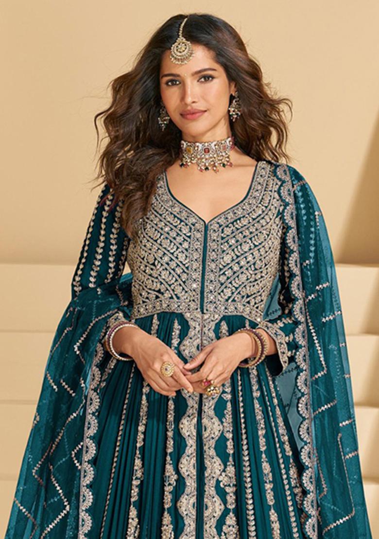Teal Embroidery Silk Anarkali Set - Indya