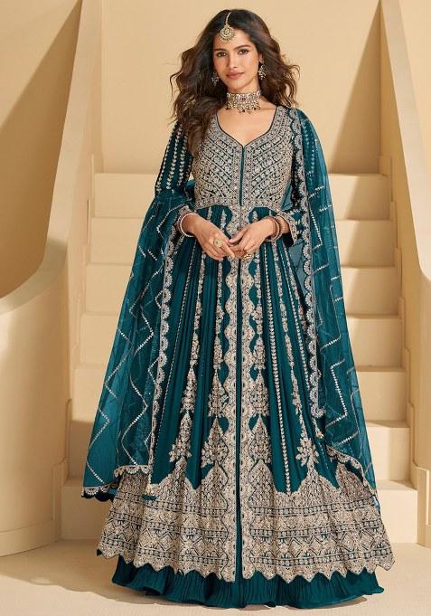 Teal Embroidery Silk Anarkali Set