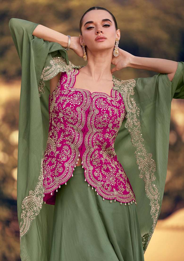 Rani Pink Embroidery Silk Kurta Set - Indya