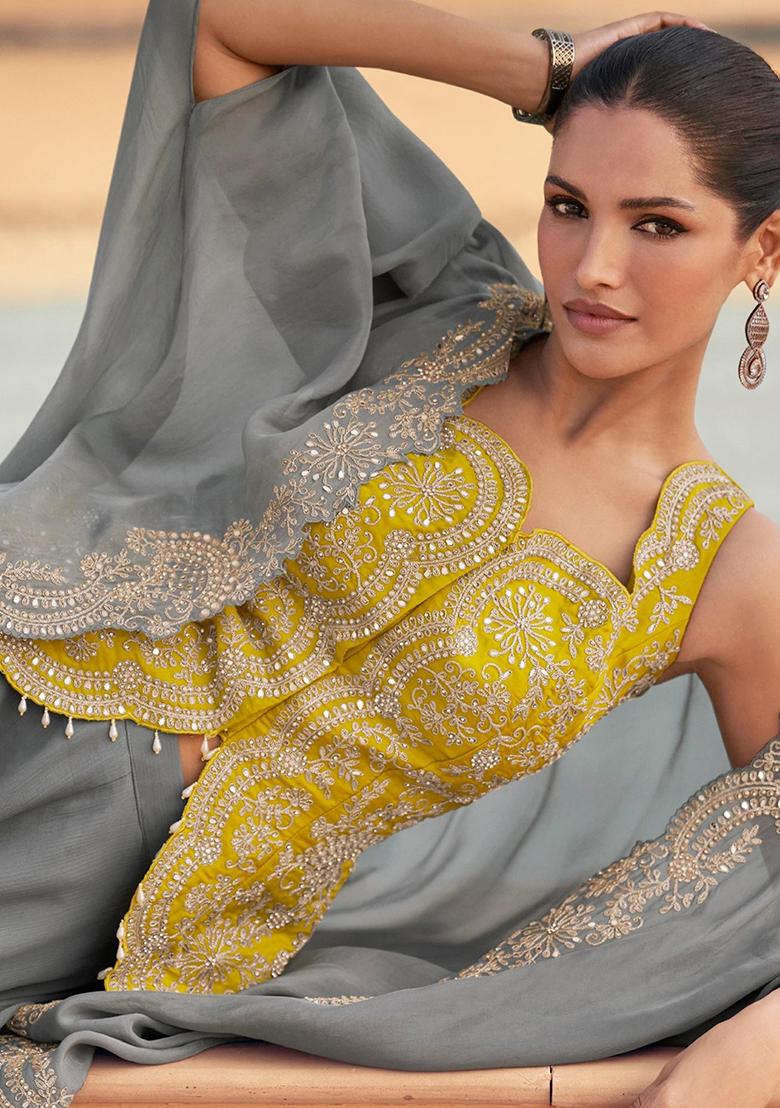 Yellow Embroidery Silk Kurta Set - Indya