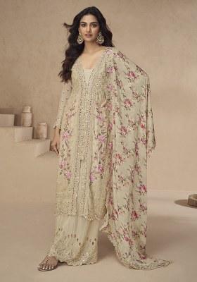 Cream Embroidery Silk Palazzo Kurti Set