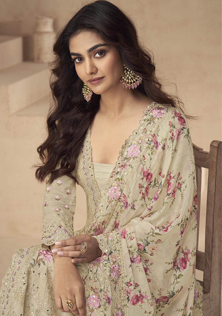 Cream Embroidery Silk Palazzo Kurti Set - Indya