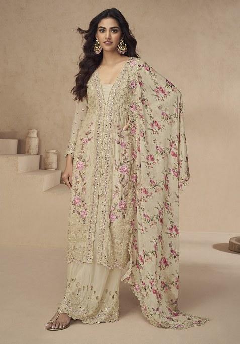 Cream Embroidery Silk Palazzo Kurti Set