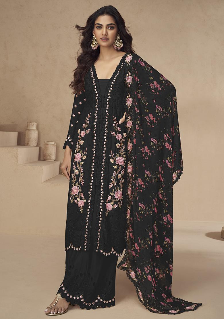Black Embroidery Silk Palazzo Kurti Set - Indya