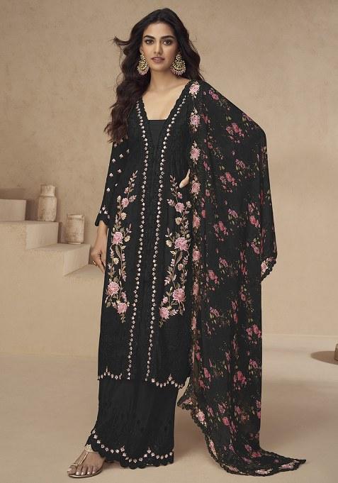 Black Embroidery Silk Palazzo Kurti Set
