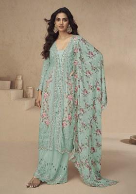 Sea Green Embroidery Silk Palazzo Kurti Set