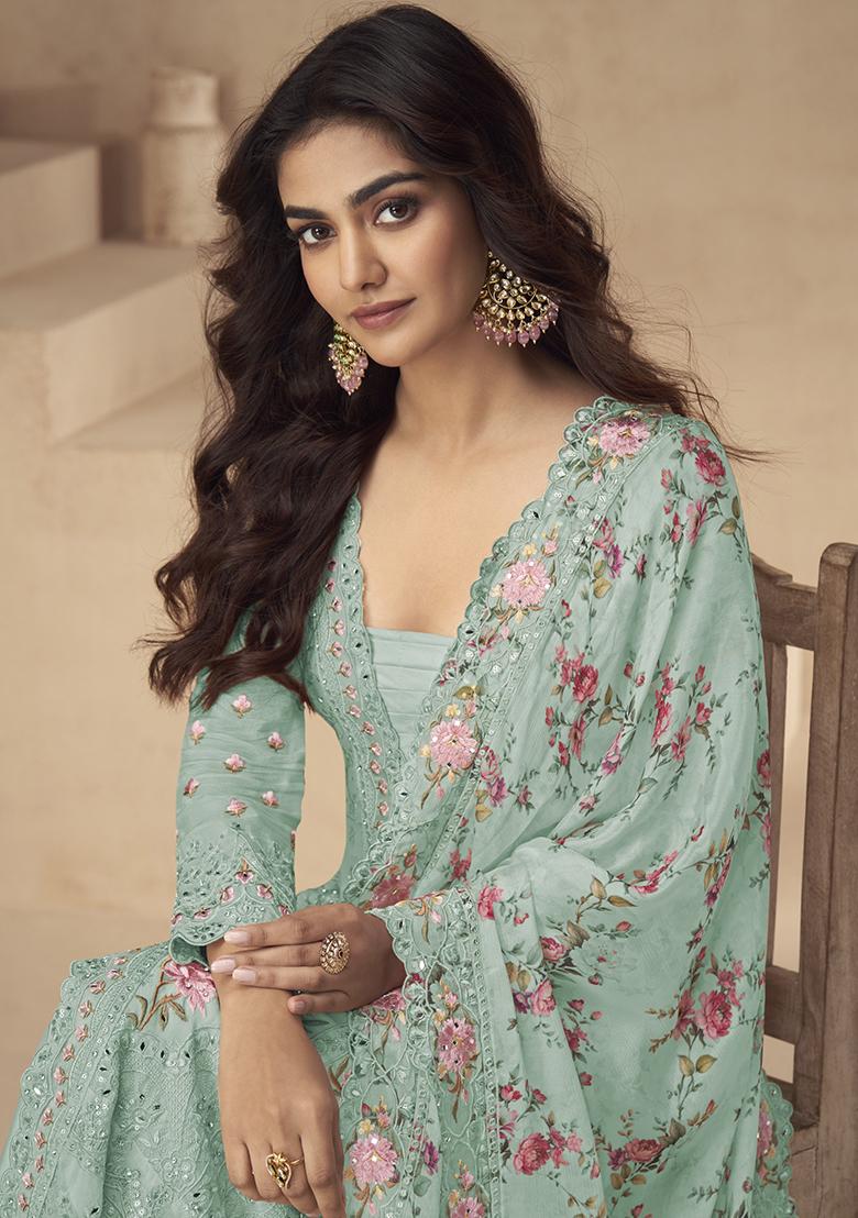 Sea Green Embroidery Silk Palazzo Kurti Set - Indya