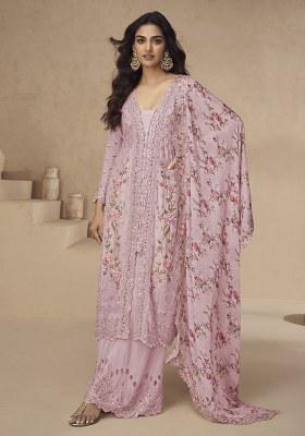 Rani Pink Embroidery Silk Palazzo Kurti Set