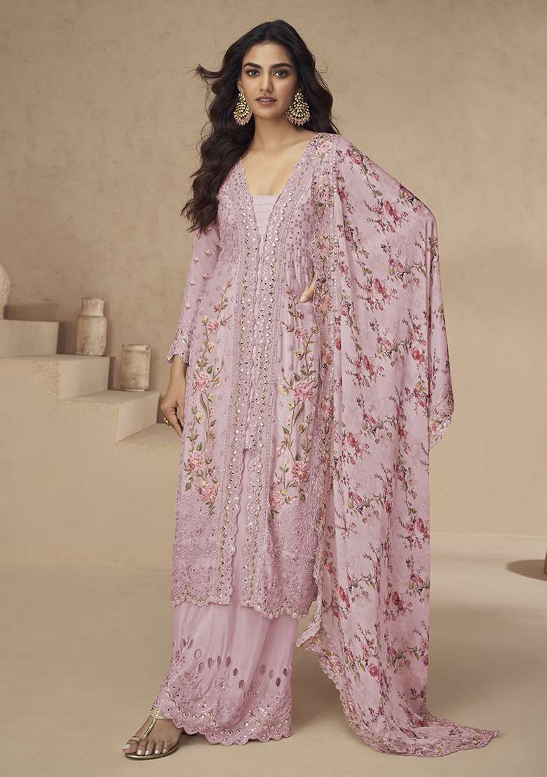 Rani Pink Embroidery Silk Palazzo Kurti Set - Indya
