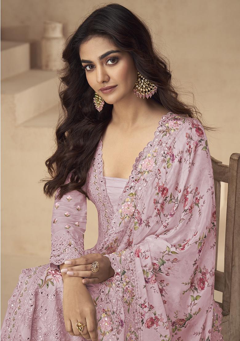 Rani Pink Embroidery Silk Palazzo Kurti Set - Indya