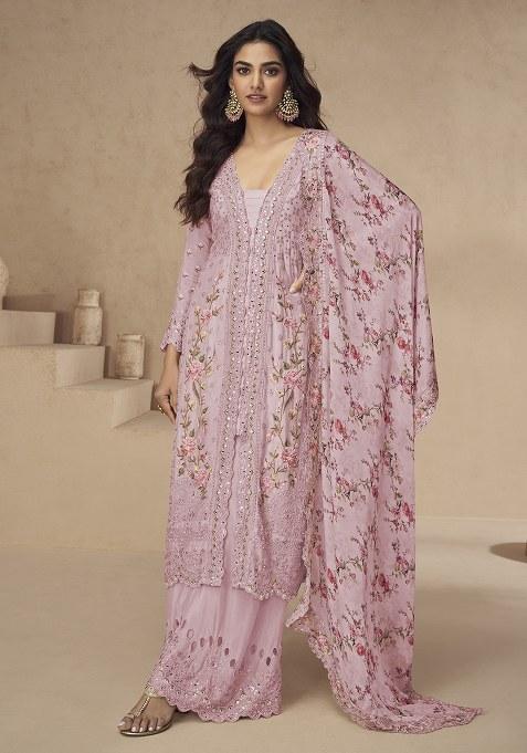 Rani Pink Embroidery Silk Palazzo Kurti Set