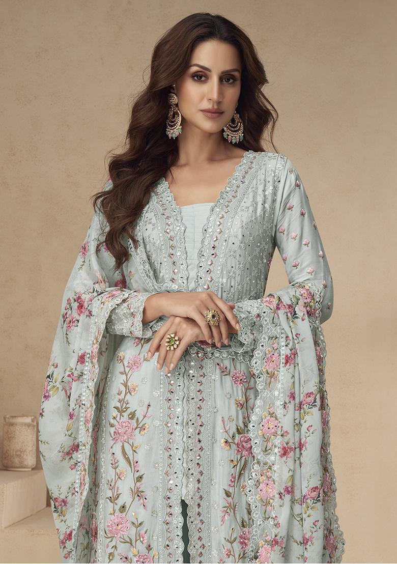 Sky Blue Embroidery Silk Palazzo Kurti Set - Indya